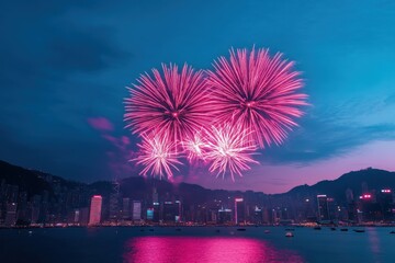 city skyline with fireworks over water