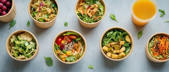 Assortment of Salads in Bowls with Juice