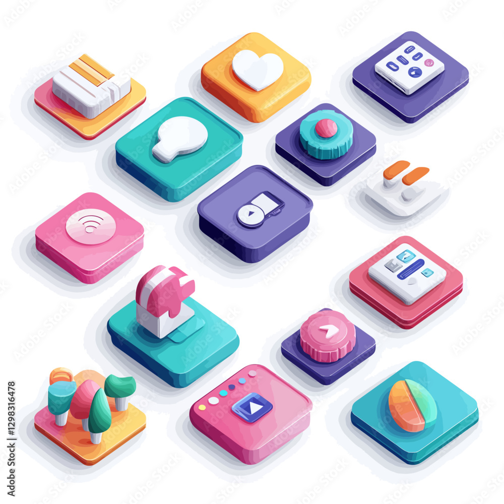 Aufkleber isometric ui design elements: vivid app icons for modern interface designs