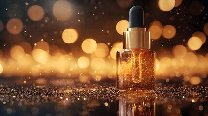 Sleek bottle of nourishing serum resting on a reflective surface with soft focus and natural light enhancements