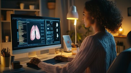 Medical professional analyzing lung images on computer screen at night