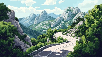 Scenic mountain pass with sharp turns, surrounded by dense forests, with a cut-out path revealing rocky cliffs