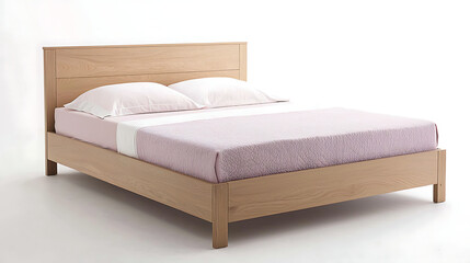 A wooden bed with a purple comforter and two pillows