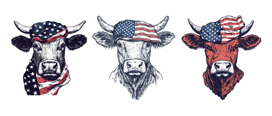 American Flag Cowboy Cow Vector – Western Style Patriotic Illustration. Great for farm-themed branding, rodeo posters, and country-inspired prints.