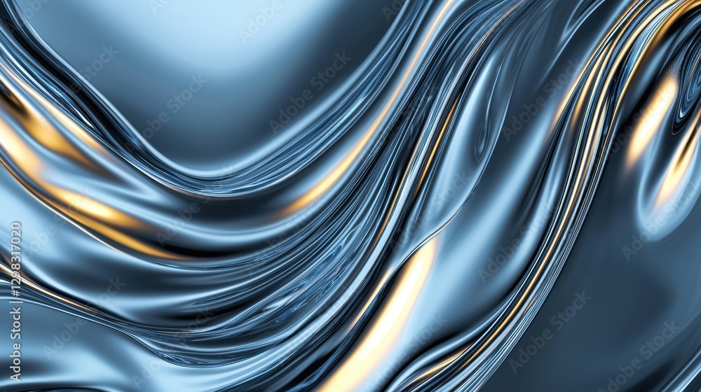 Poster a digital illustration of a flowing metallic surface with swirling patterns and highlights.