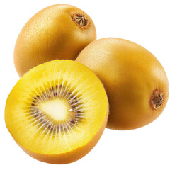 3 golden kiwi fruit, one cut in half with the center showing on transparent background