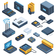 Network Devices and Computer isometric Illustration on white background