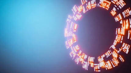 Digital code glowing orange, curving into circular pattern against blue purple gradient, symbolizing data processing and technological connectivity