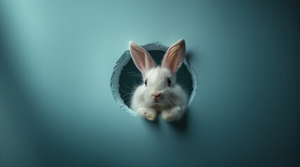 Adorable White Bunny Peeking Through a Hole &ndash; Cute and Playful Easter Concept