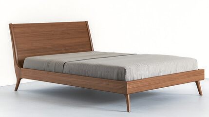A wooden bed with a white sheet and a grey blanket