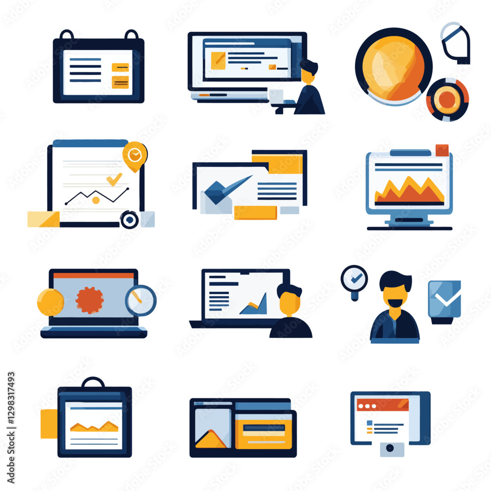 Poster business data analytics and management dashboard icons set, flat vector