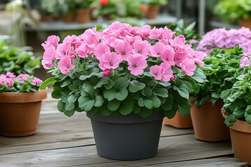 Pink Flowers in Pot, Greenhouse Setting