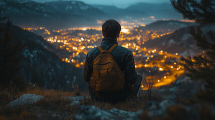 Traveler Overlooking a Glowing City at Night – Adventure and Solitude