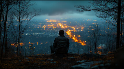 Traveler Overlooking a Glowing City at Night &ndash; Adventure and Solitude