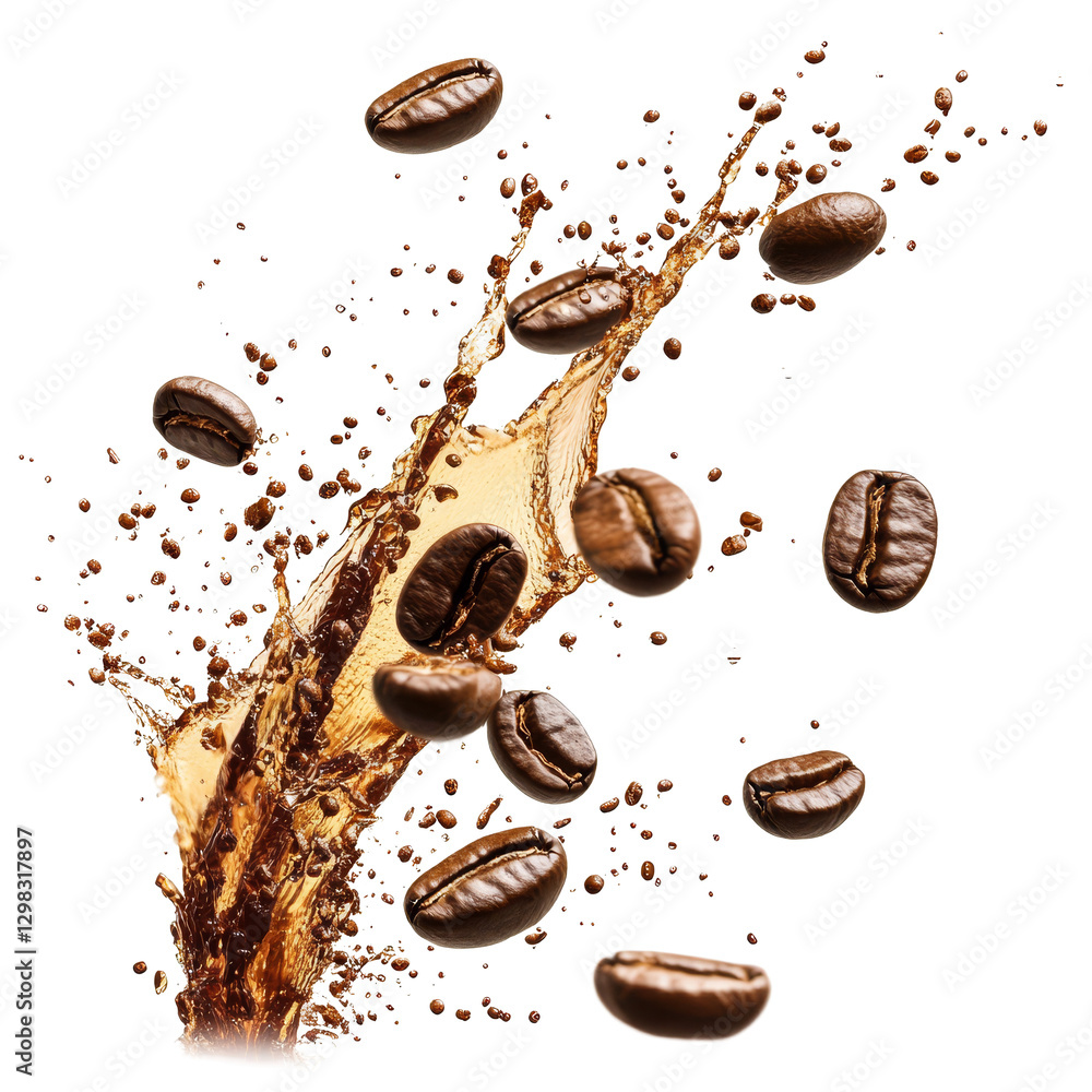 Poster coffee beans splashing in liquid, showcasing dynamic movement and rich colors against a transparent 