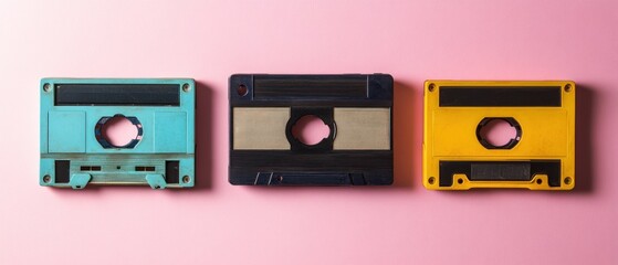 Fototapeta premium Three Vintage Video Cassettes on a Pink Background