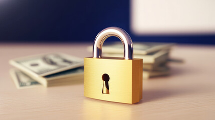 Naklejka premium Golden padlock securing stacked dollar bills, symbolizing financial security and safeguarding monetary assets