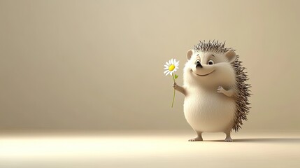 Cute hedgehog giving flower, light beige background