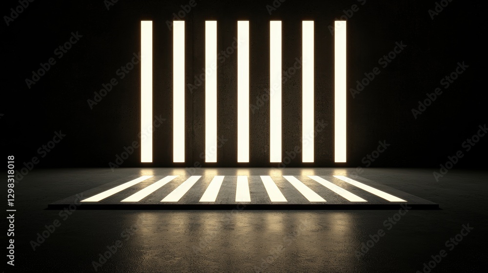 Poster a minimalist art installation featuring a grid of illuminated rectangular lights against a dark back