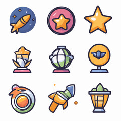 Space themed icon set featuring rockets stars and planets on white grid