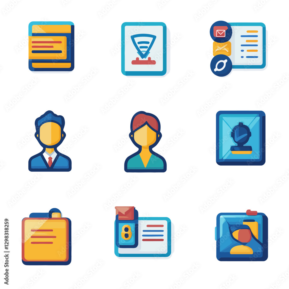 Poster business avatars and document icons for digital communication and workflow