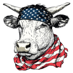 USA Flag Bandana Cow Head Vector – Vintage Wild West Ranch Emblem. Ideal for apparel, stickers, and rustic home decor designs.
