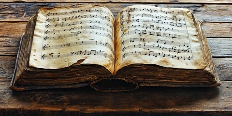 Obraz premium Close-up of an aged book; its pages filled with vintage black-and-white sheet music. Treble clefs dance on the left, evoking timeless melodies through worn textures