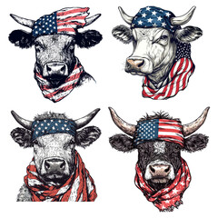 Retro Bull with American Flag Bandana – Wild West Farm Animal Illustration. Perfect for T-shirt prints, brewery branding, and Western-themed events.