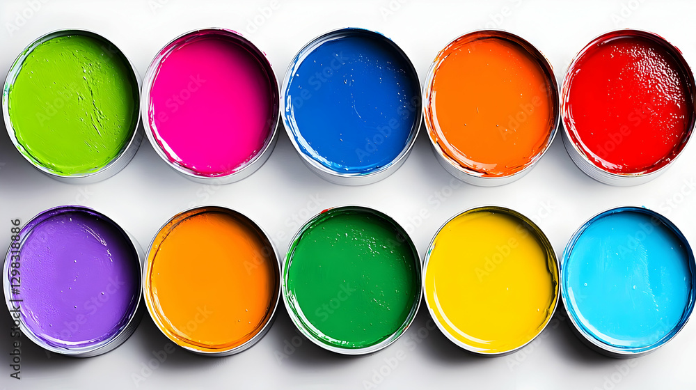 Poster vibrant array of open paint cans in a spectrum of colors on white background displaying creative art