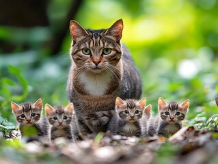 Mother Cat with Kittens in Forest
