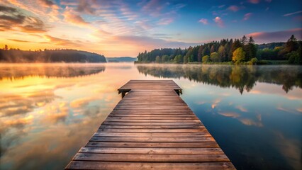 Obraz premium Wooden pier stretching over the surface of a serene lake at dawn, rustic charm