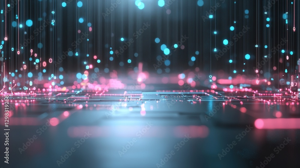 Poster abstract digital circuit with glowing particles, representing futuristic technology and innovation.