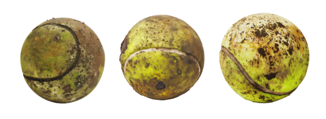 old dirty tennis ball set on transparent background