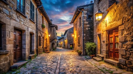 Ancient cobblestone street lined with old stone buildings and overhanging wooden facades at dusk, worn pathways, rustic charm