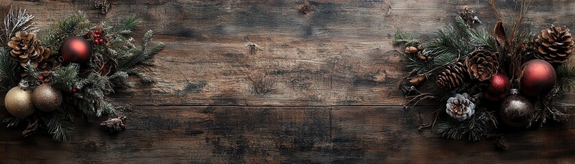 Two beautifully crafted wreaths adorned with colorful ornaments hang gracefully on a rustic wooden wall, creating a warm and festive atmosphere perfect for the holiday season.