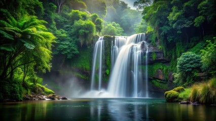 Obraz premium waterfall isolated on black background with lush greenery and trees surrounding it, mist rising from the water surface