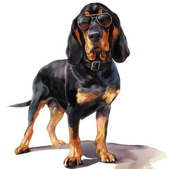 Obraz premium Stylish Black And Tan Coonhound Dog Wearing Trendy Sunglasses Enjoying a Sunny Day Outdoors Showcasing a Fun and Playful Personality in a Vibrant Setting