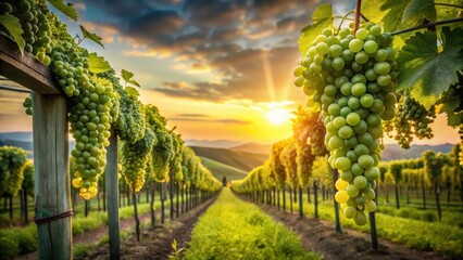 Naklejka premium Lush green vines of Chardonnay grapes hanging from wooden trellises amidst the rolling hills of a Dizy Champagne vineyard at dawn , Dizy, Chardonnay Vineyard