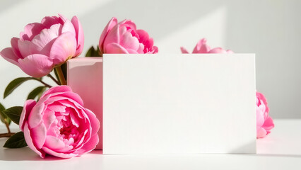 White clean paper sheet with pink peonies and gift box on white background side view closeup. Mother's day mockup design greeting card. Template of gift certificate or voucher. Blank for text.
