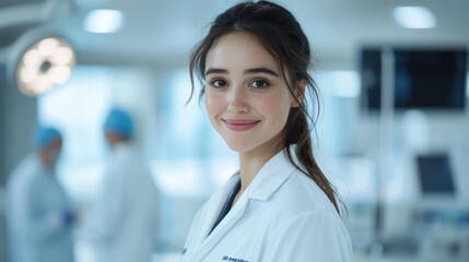 Fototapeta premium A beautiful young female doctor in a white coat, smiling confidently into the camera, stands in a modern operating room.