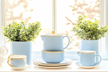 Pastel Blue Tea Set Windowsill Illustration