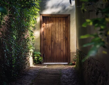 A simple wooden door standing alone at the end of a narrow footpath.