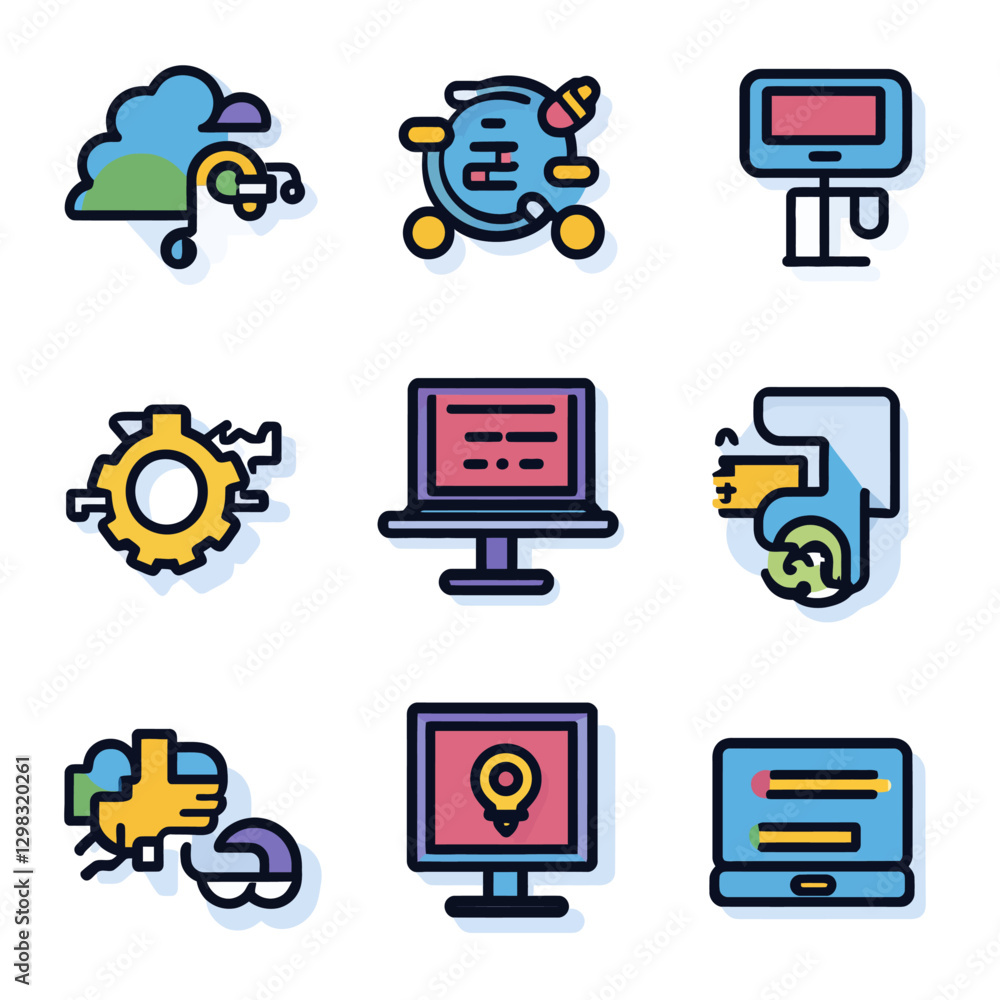 Poster set of design icons, cloud computing, global network, website and app