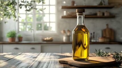 Elegant bottle of olive oil with a glinting glass surface reflecting soft natural light in a culinary setting
