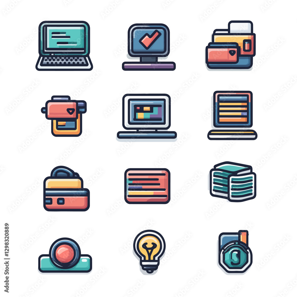 Poster tech icons collection: vector set of modern devices and office elements