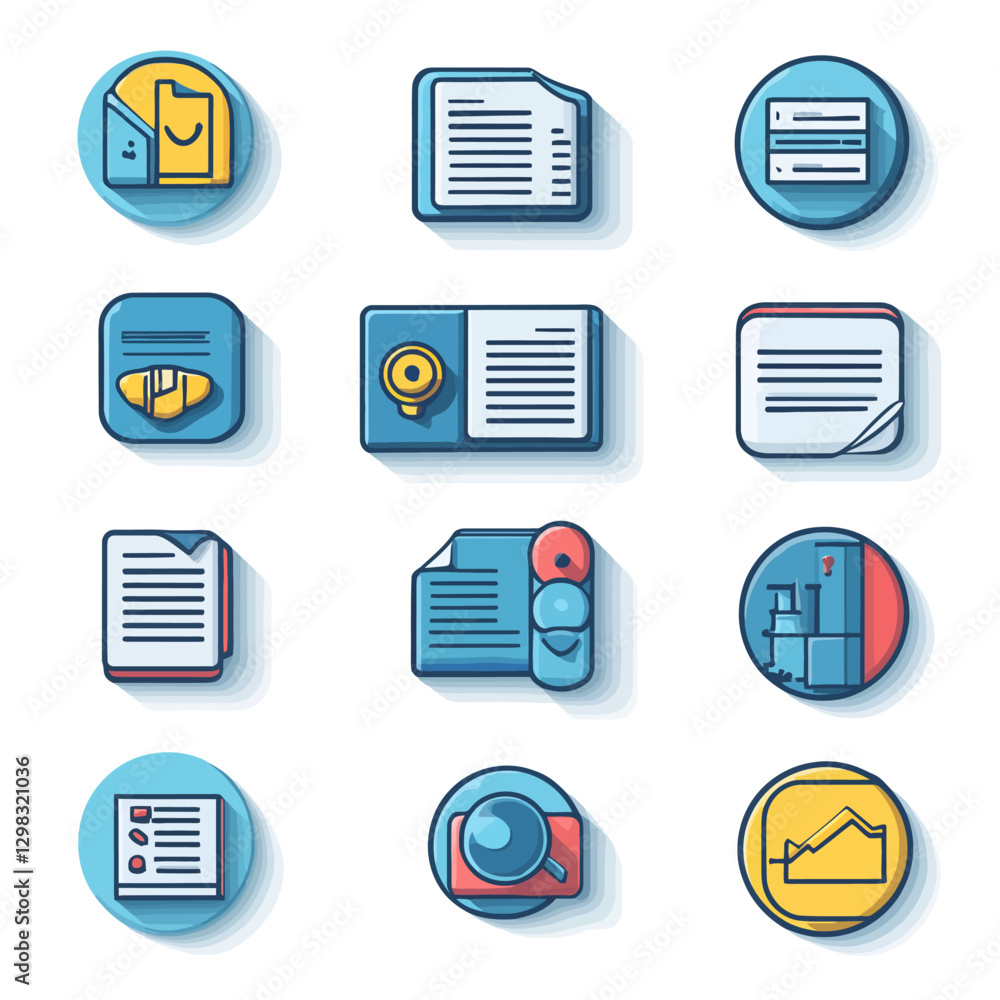 Aufkleber set of business and financial data icons with documents and analytics