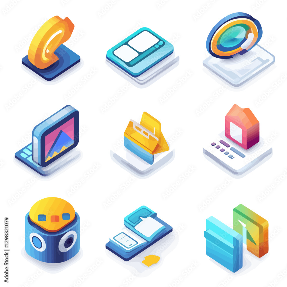 Poster isometric ui icon set with arrow, calendar, graph, and web elements