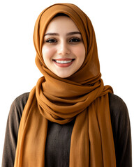 Young muslim woman smiling wearing a hijab on transparent background