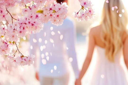 Couple Embracing In Cherry Blossom Garden