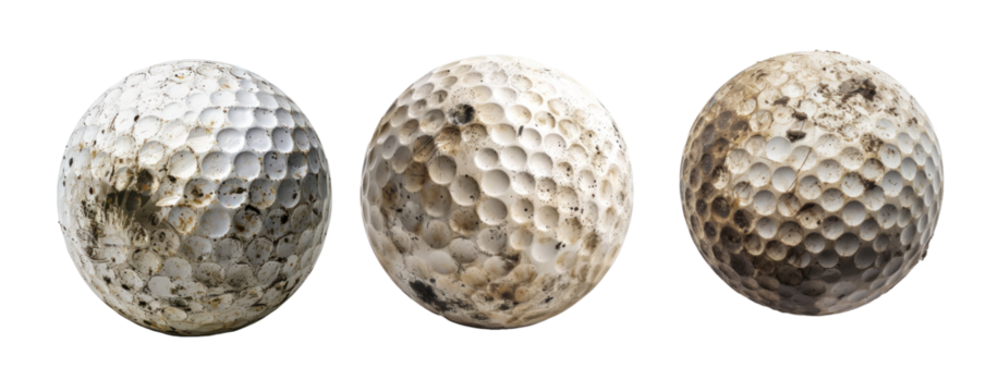 dirty golf ball set on transparent background, sport concept